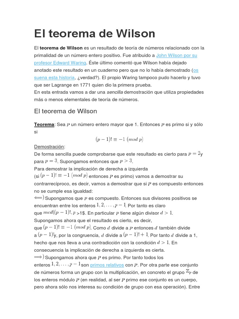 El Teorema de Wilson PDF Número primo Álgebra abstracta