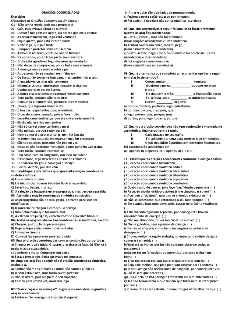 20 Exercícios Sobre Orações Coordenadas, Com Gabarito – ZAKZ