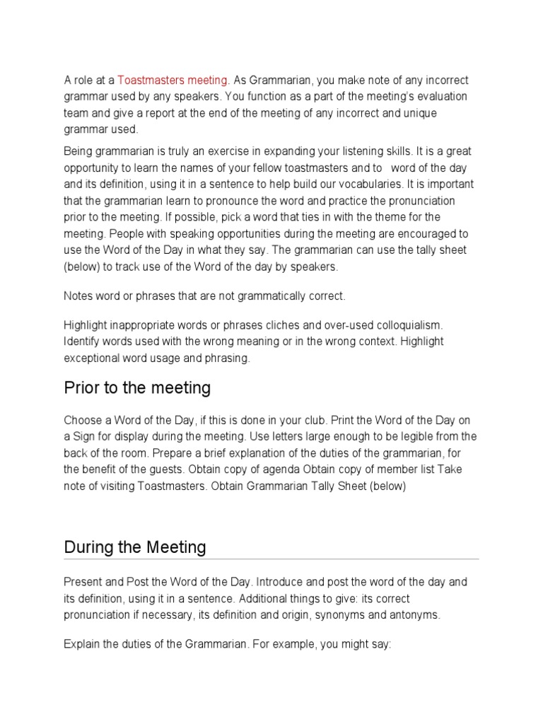 Role of the Grammarian in Toastmasters | PDF | Word | Linguistics