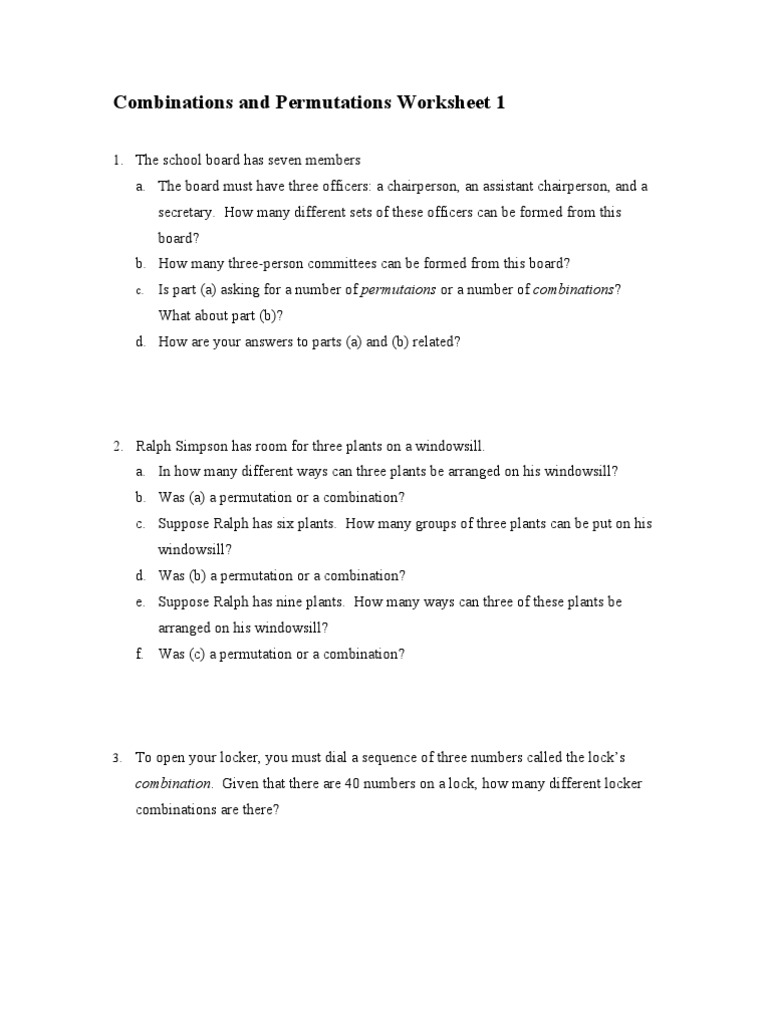 Combinations and Permutations Worksheet PDF
