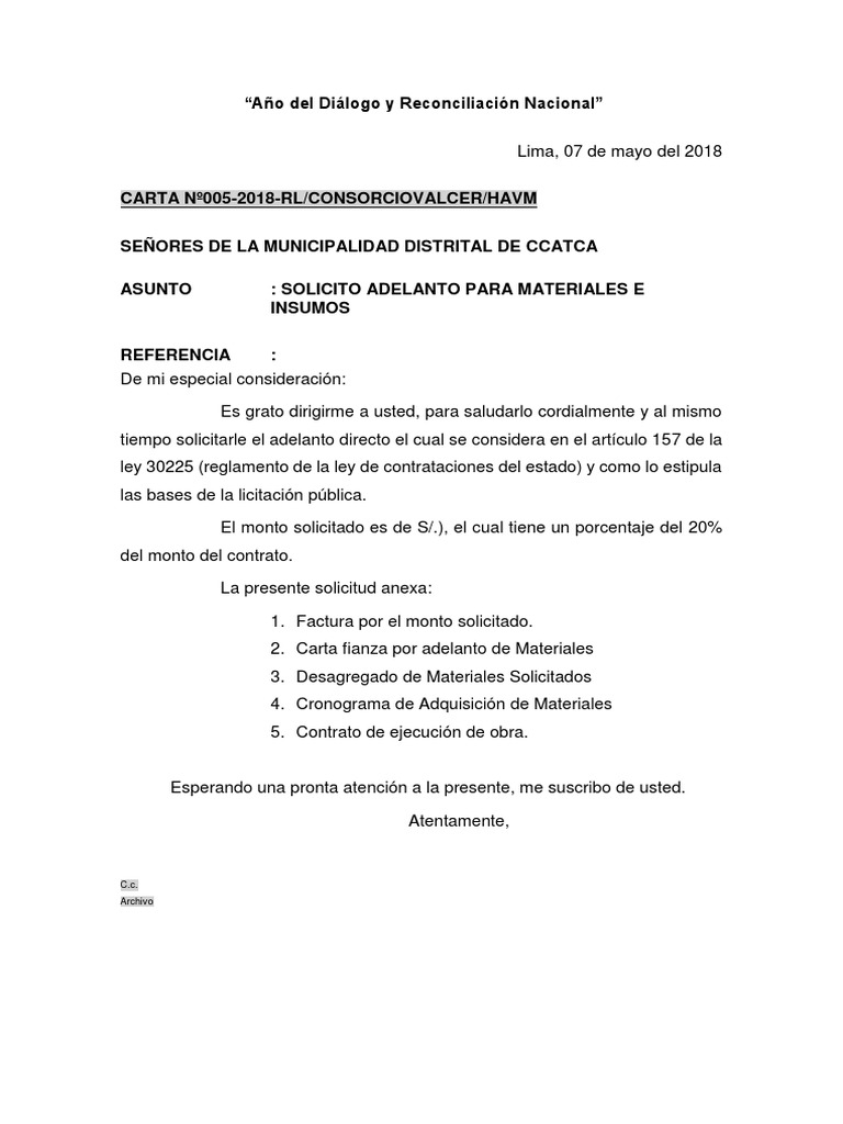 Modelo Carta Por Adelanto De Materiales