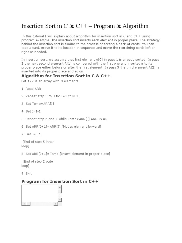 Algorithm For Insertion Sort in C & C++ | PDF
