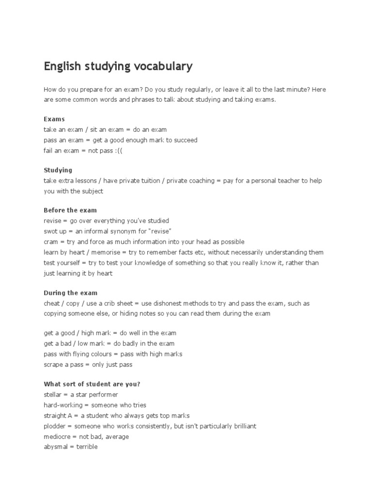 English Vocabulary for Exam Preparation | PDF | Test (Assessment)