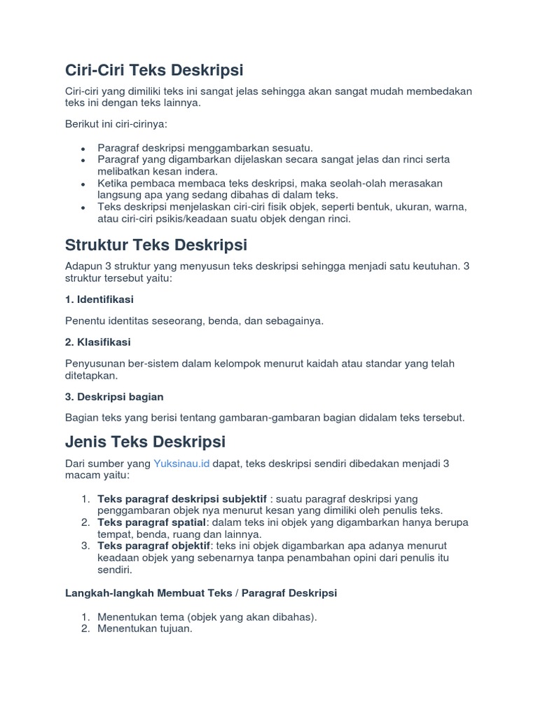 Tuliskan Ciri Ciri Teks Deskripsi Belajar