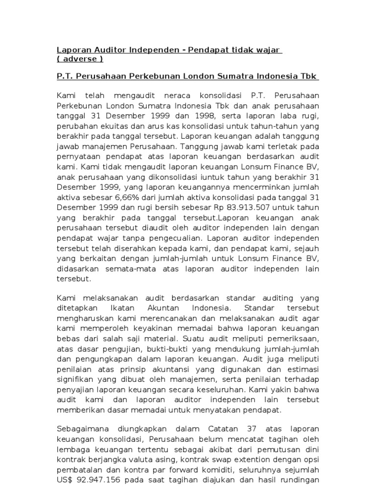 Contoh Laporan Auditor Independen Pendapat Tidak Wajar