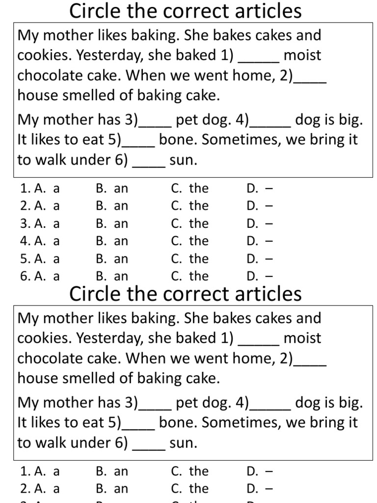 Article Selection Practice Exercise | PDF | Cakes | Foods