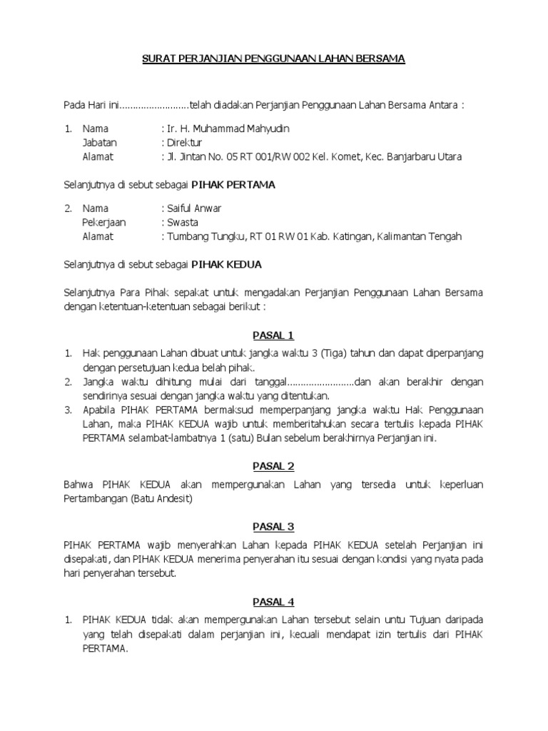 Contoh Surat Perjanjian Penggunaan Tempat Pdf