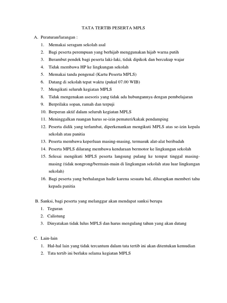 Tata Tertib Peserta Mpls Docx Mralex Mc