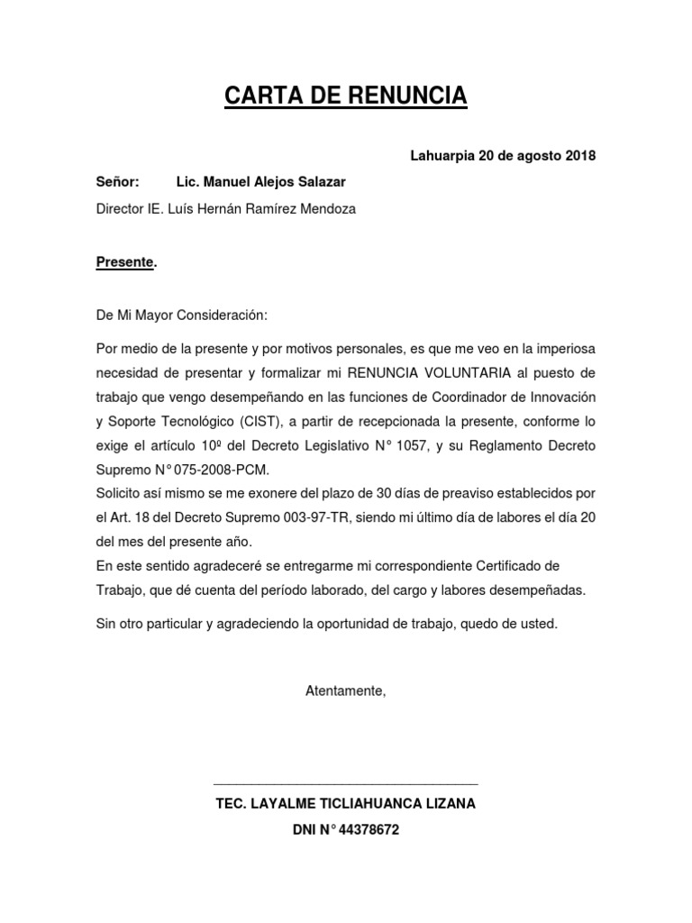 Carta de Renuncia CAS