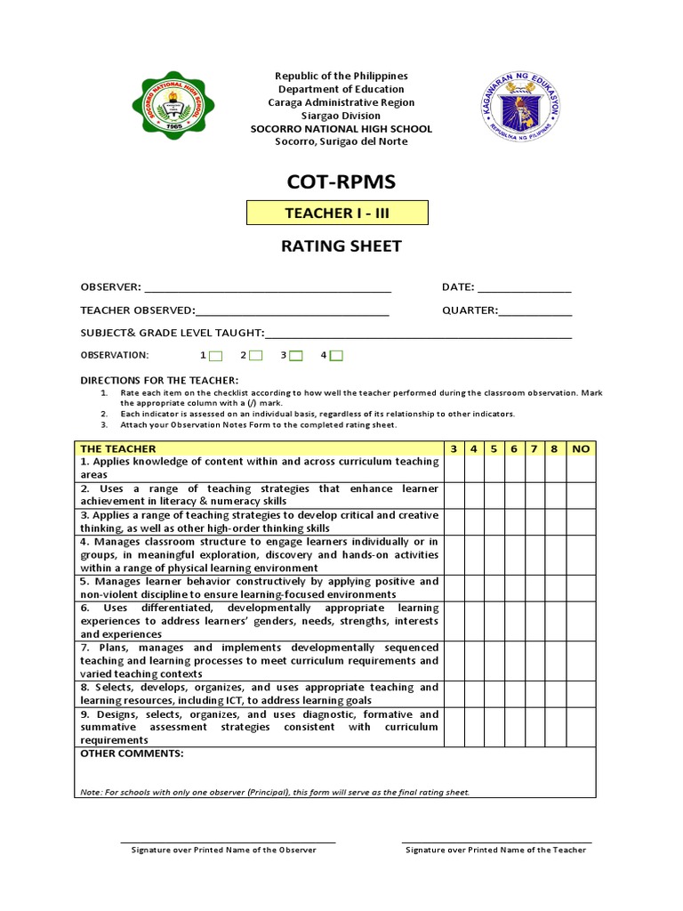 Cot Rating Sheet PDF Teachers Curriculum