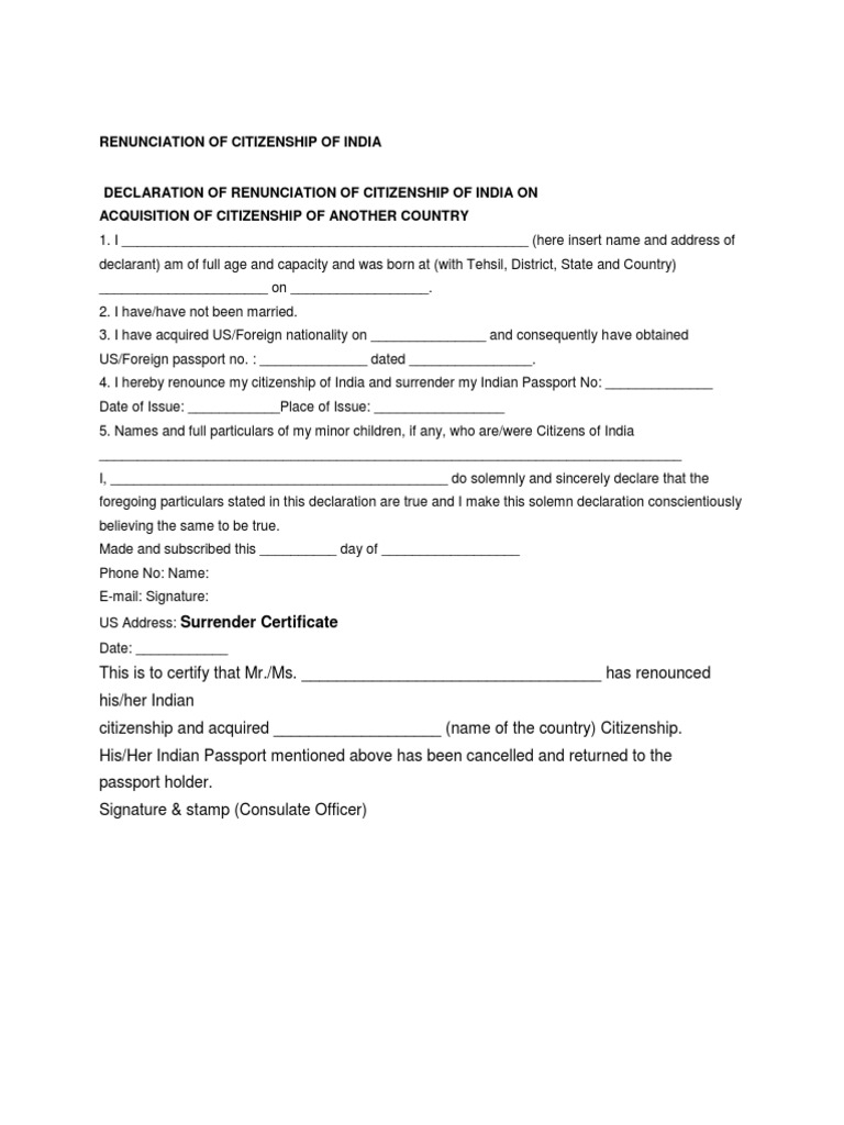 Renunciation of Citizenship of India PDF Mail Nationality Law