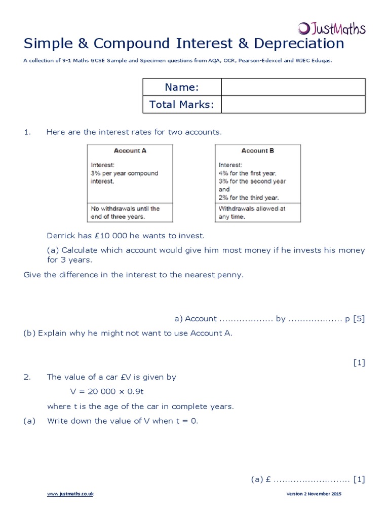 Ratio F Simple Compound Interest Depreciation v22 PDF  PDF Within Simple And Compound Interest Worksheet