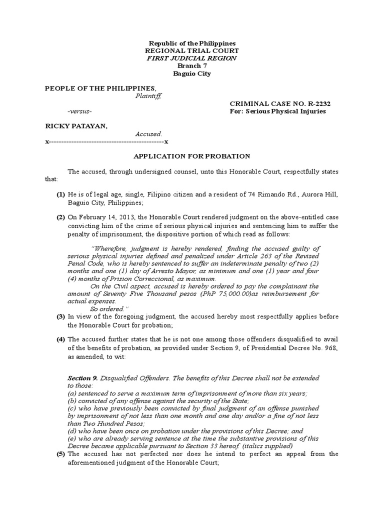 Application for Probation - Ricky Patayan | PDF | Probation | Crime ...
