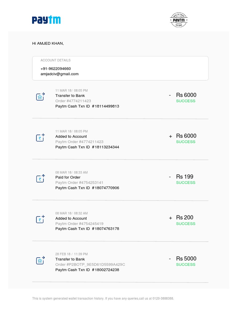 Paytm Wallet Transaction History | PDF | Banking Technology | E Commerce