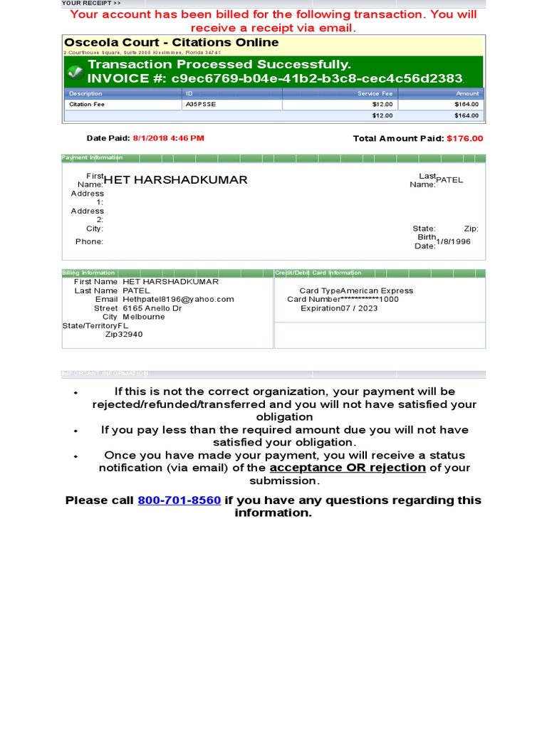 Citation Payment Confirmation | PDF | Payments | Receipt