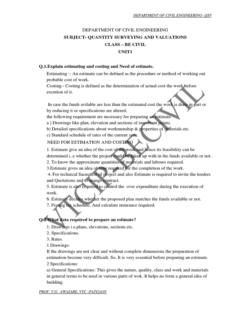 Estimation and Costing in Civil Engineering | PDF | Specification ...
