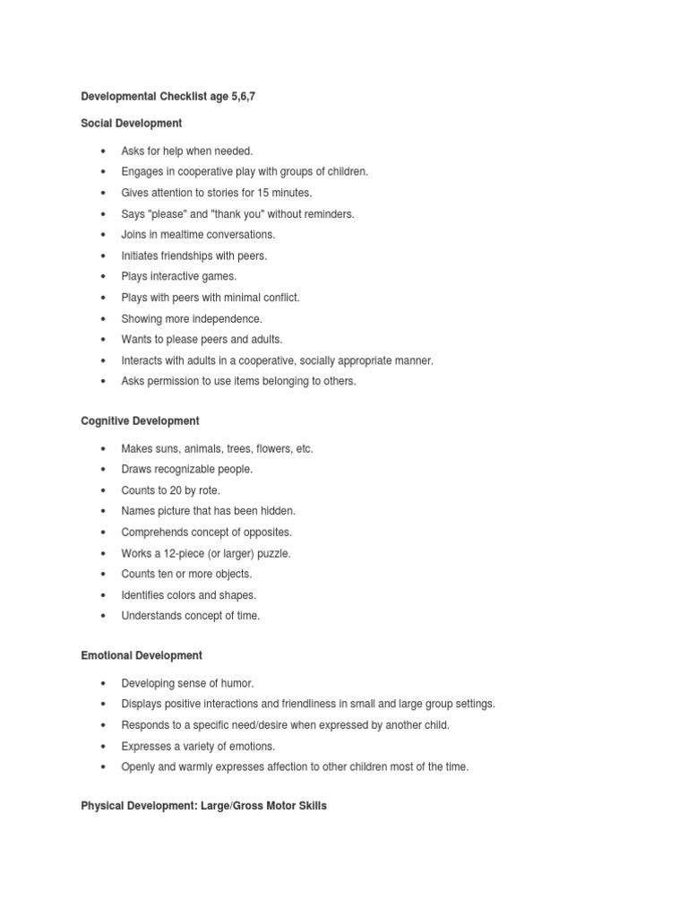 Developmental Checklist for Ages 5-7 | PDF | Child Development ...
