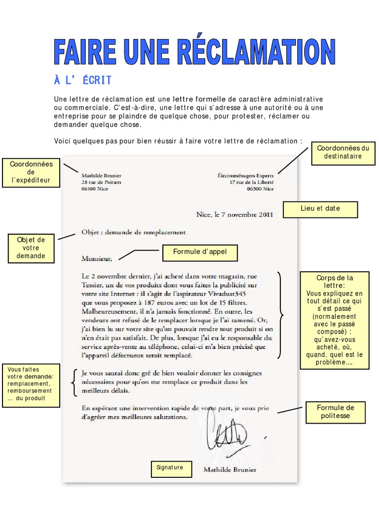 exemples de lettres de reclamation