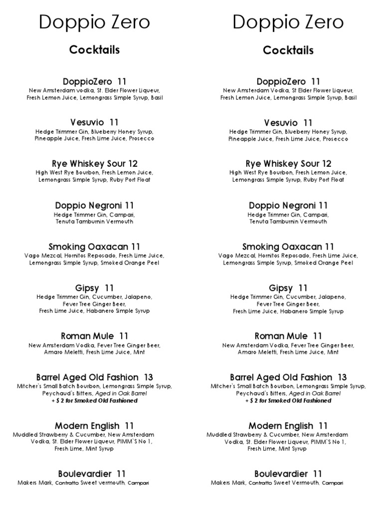 Doppio Zero SF Cocktail Menu PDF Alcoholic Drinks Cocktails