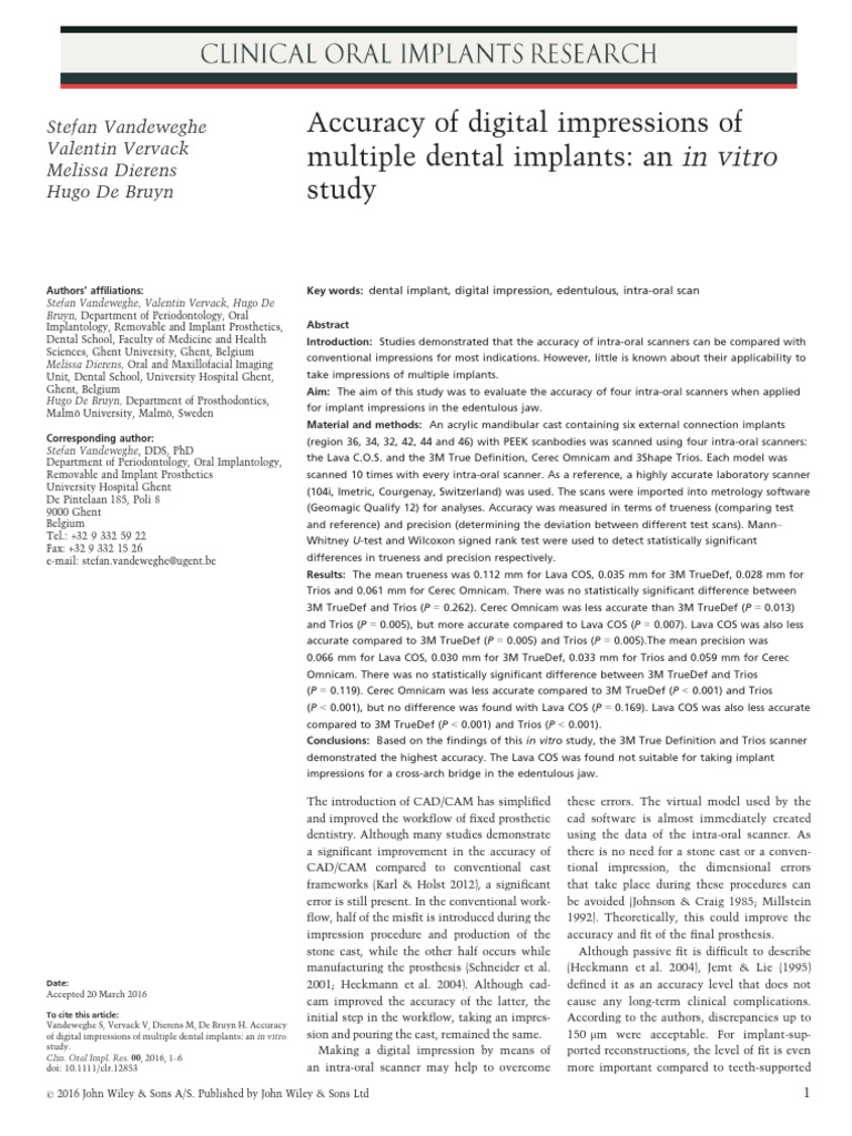 Accuracy of Digital Impressions of Multiple Dental Implants An in Vitro ...