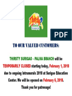 To Our Valued Customers:: Thirsty Surigao - Palma Branch