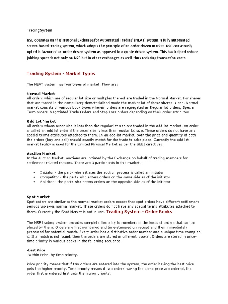 NSE Trading System Overview and Types | PDF | Order (Exchange ...