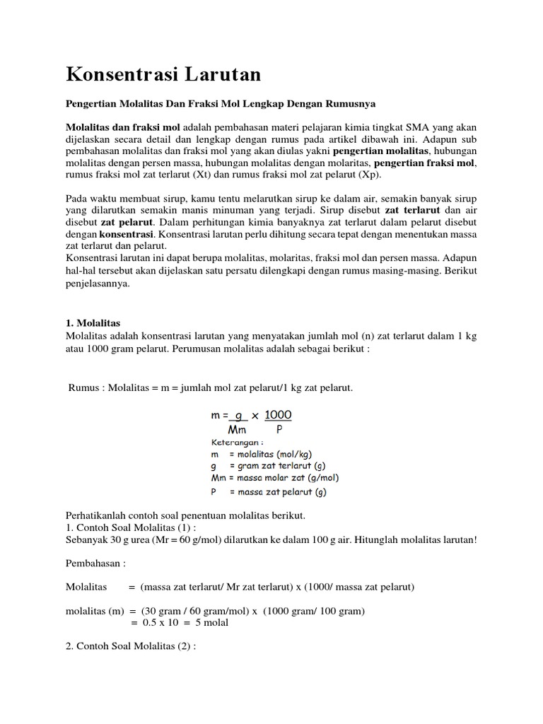 Pengertian Molalitas Dan Fraksi Mol Lengkap Dengan Rumusnya | PDF
