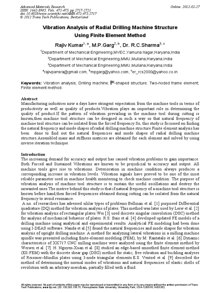 Vibration Analysis of Radial Drilling Machine Structure Using Finite ...