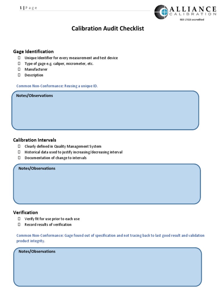 Calibration Audit Checklist Gage Identification PDF Calibration