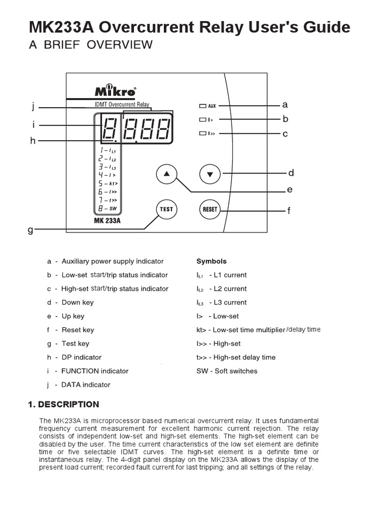 MK233A Overcurrent Relay User's Guide 1. Description PDF Relay