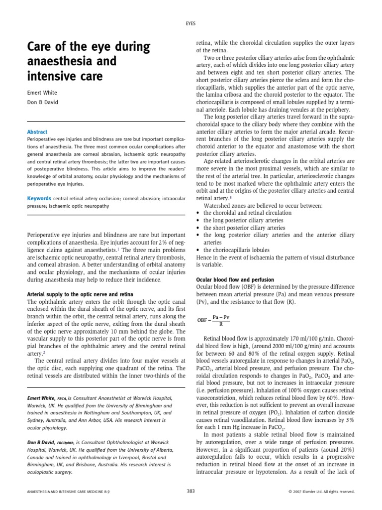 Care of The Eye During Anaesthesia and Intensive Care: Ocular Blood ...