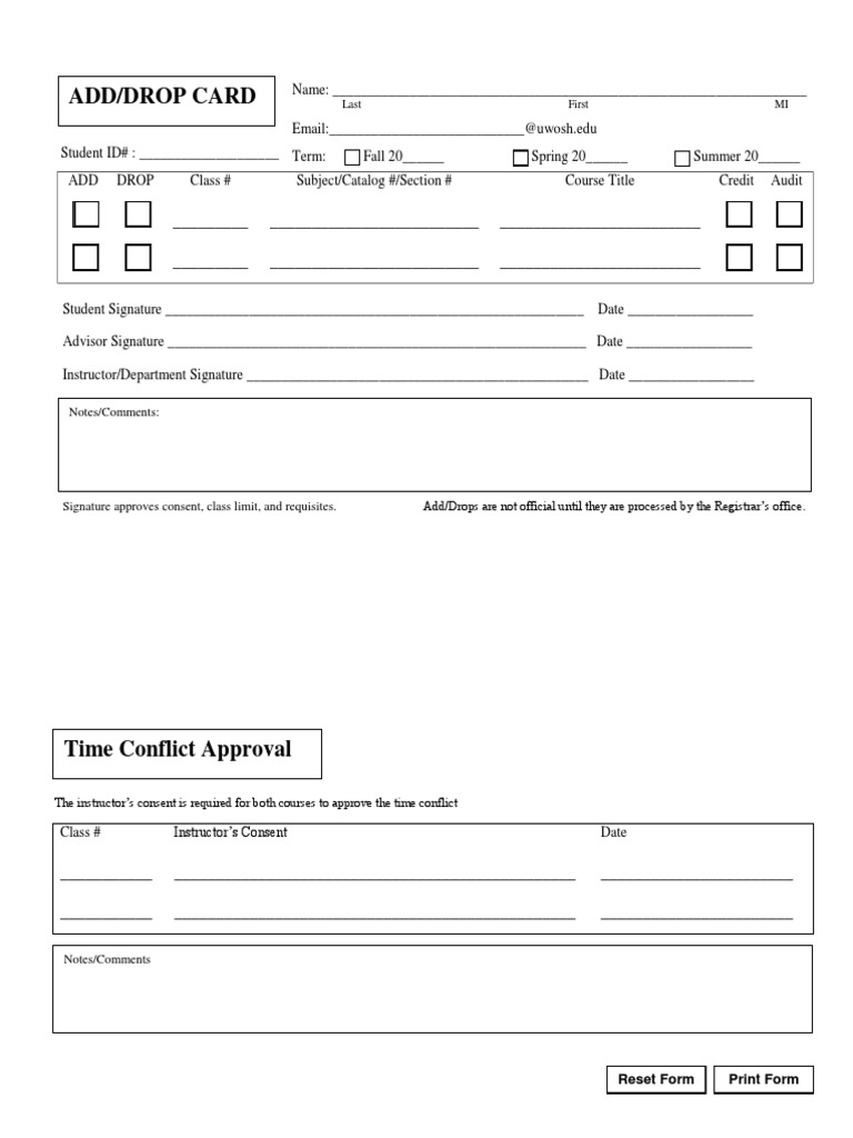 UW Oshkosh Add/Drop Card Form | PDF
