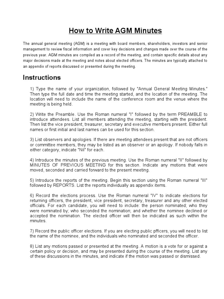 27 How To Write Agm Minutes  PDF  Board Of Directors  Government