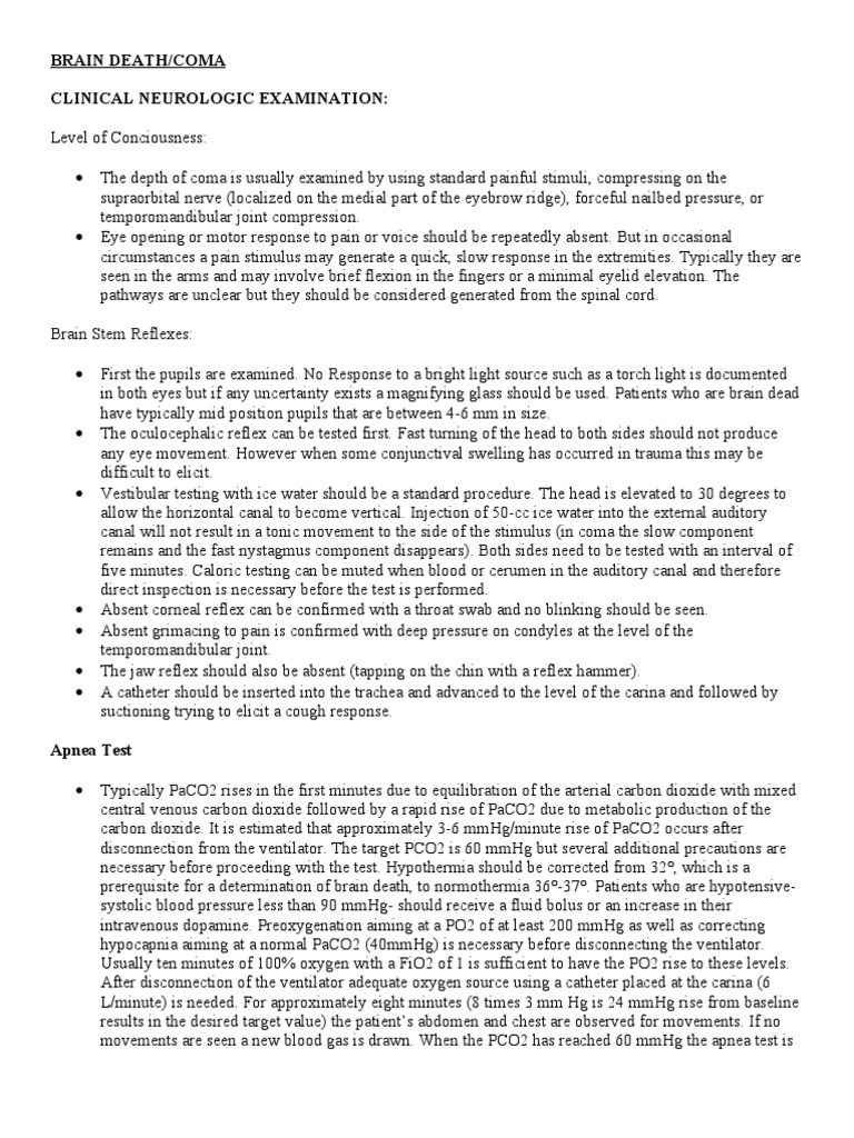 Brain Death Diagnosis Protocols | PDF | Apnea | Blood Pressure