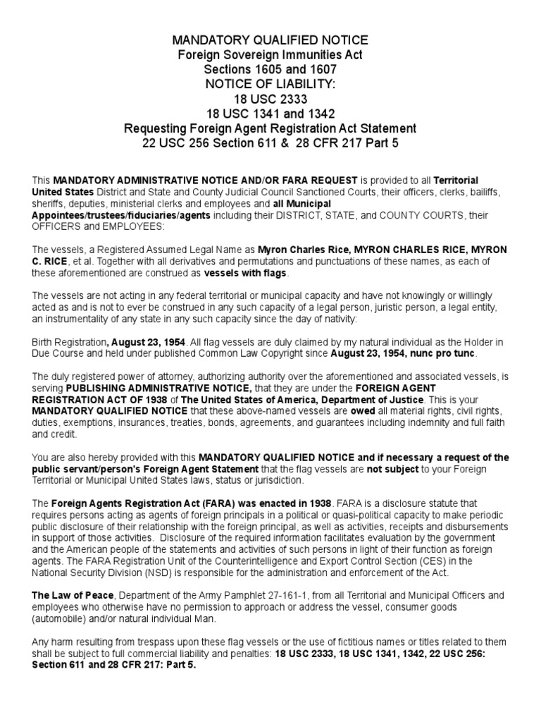Mandatory Notice Fsia & Fara | PDF | Lobbying In The United States ...