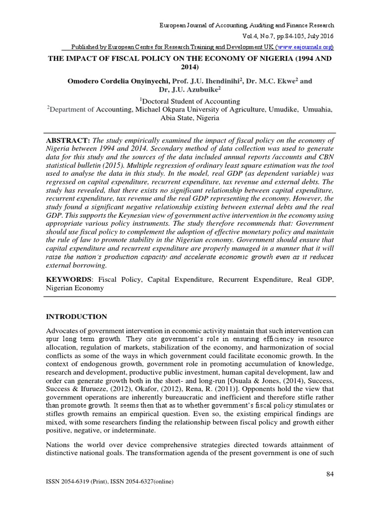 The Impact of Fiscal Policy On The Economy of Nigeria 1994 and 2014 PDF ...