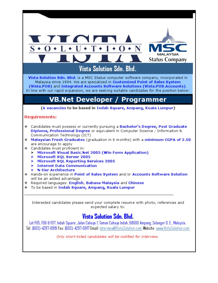 VB.Net Developer Job Openings in KL | PDF | Business