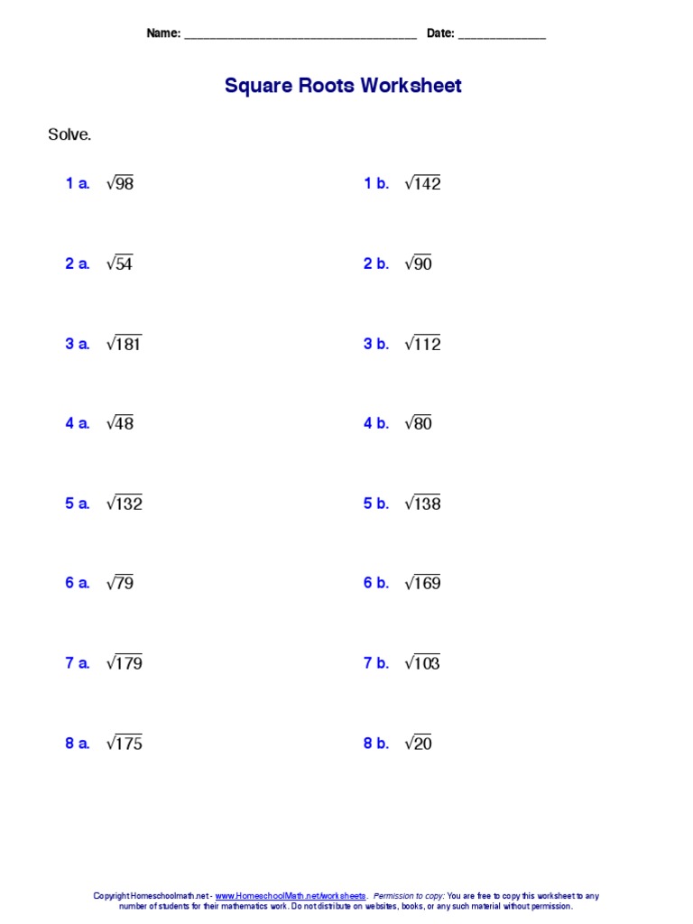 Square Roots Worksheet: Solve | PDF