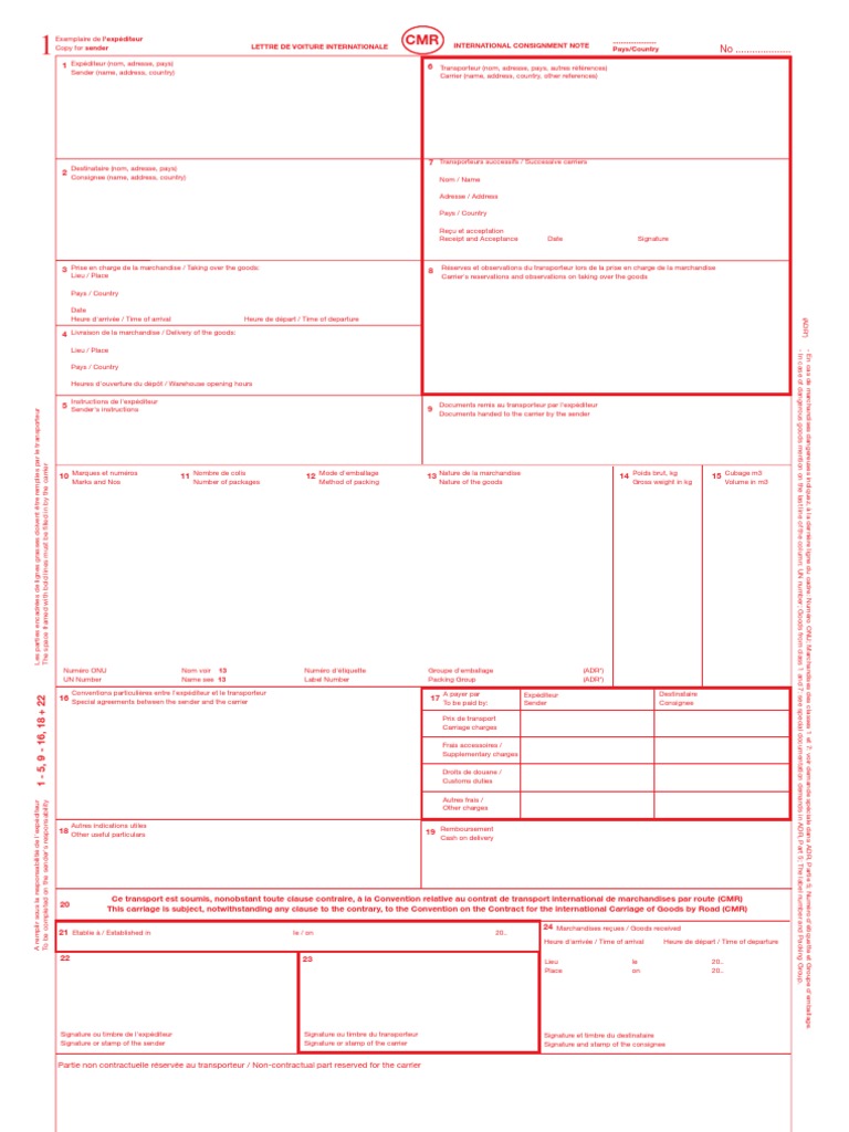 CMR Model 4exemplare | Consignee | Dangerous Goods