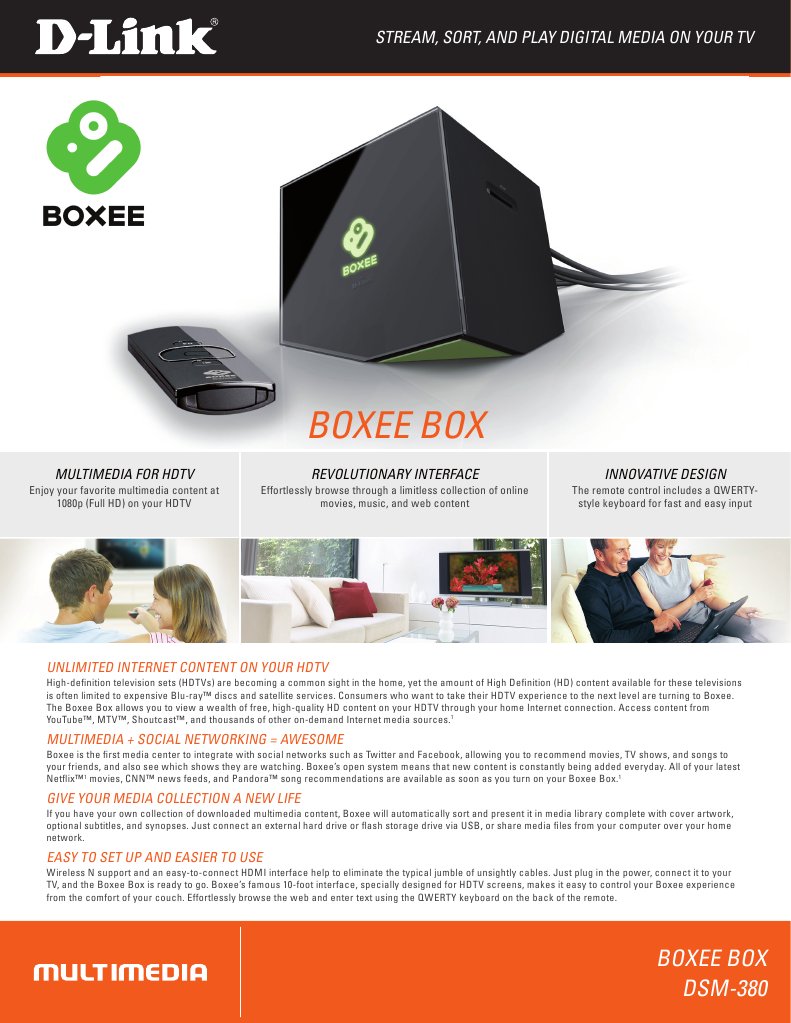 Boxee Box by DLink DSM380 Datasheet Televisão de Alta Definição
