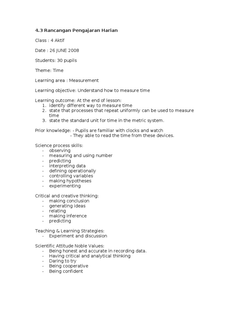 Daily Lesson Plan: Measuring Time | PDF