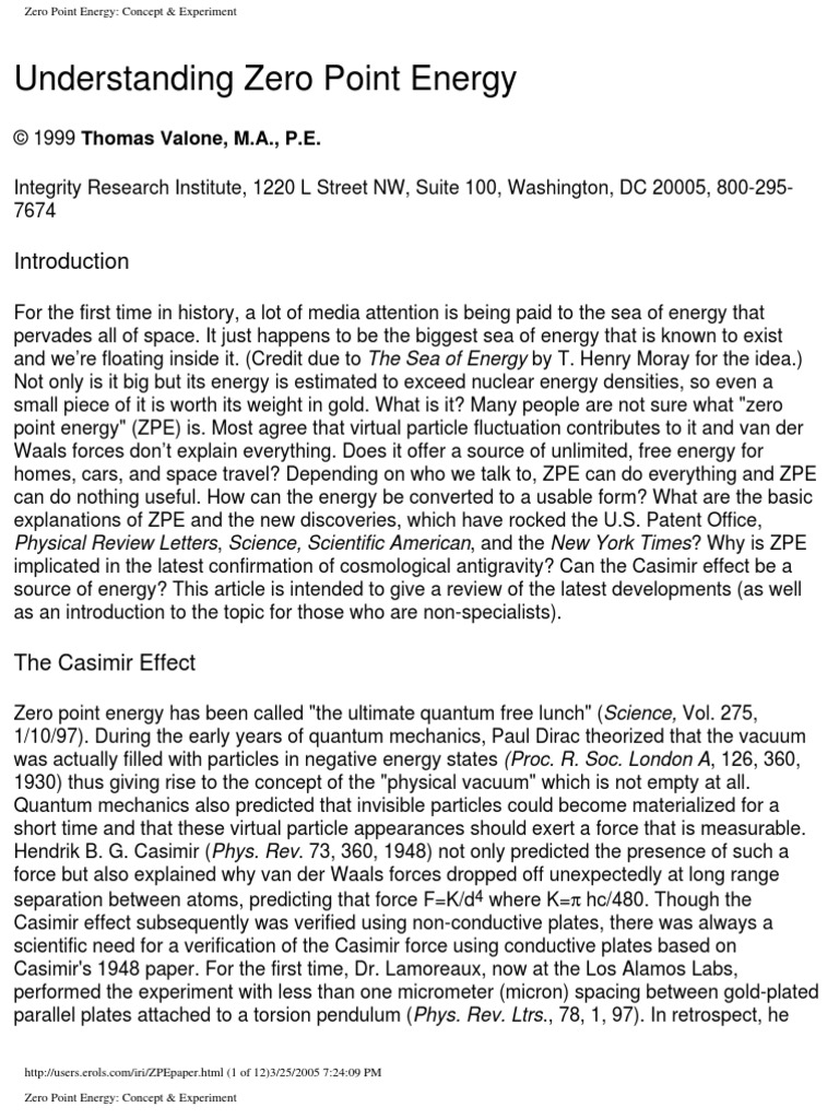 Understanding Zero Point Energy By Thomas Valone 1999 Pdf Quantum