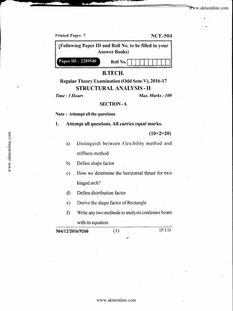 Structural Analysis Exam Paper 2016-17 | PDF | Bending | Beam (Structure)