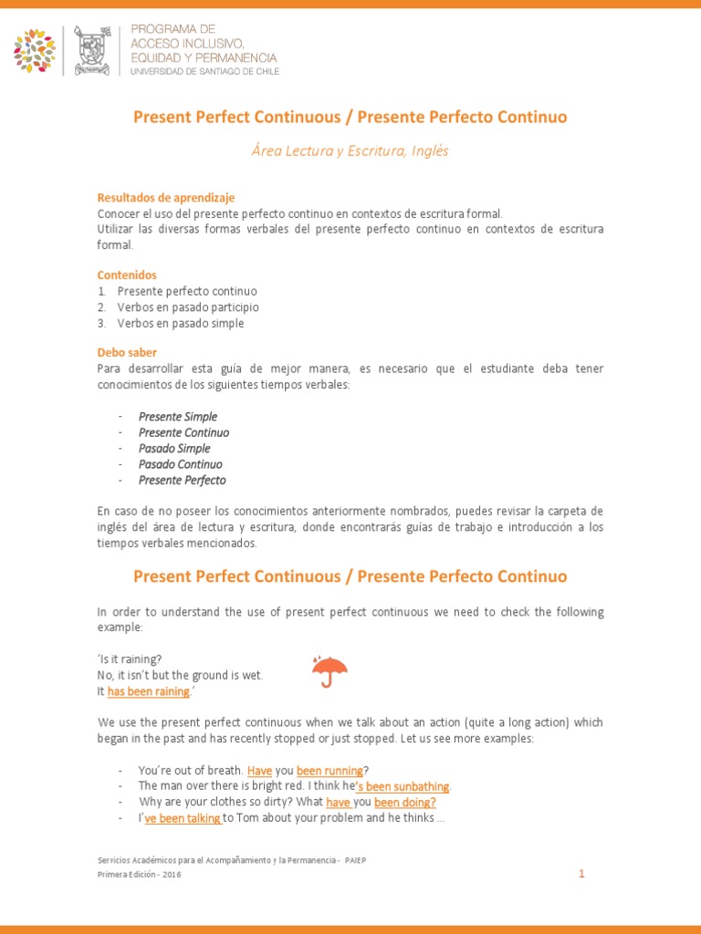Present Perfect Continuous / Presente Perfecto Continuo: Área Lectura y ...