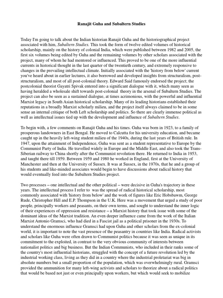 Ranajit Guha and Subaltern Studies | PDF | Postcolonialism | Rebellions