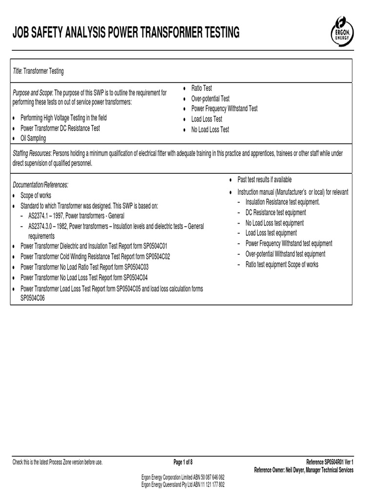 Job Safety Analysis Power Transformer Testing PDF Transformer