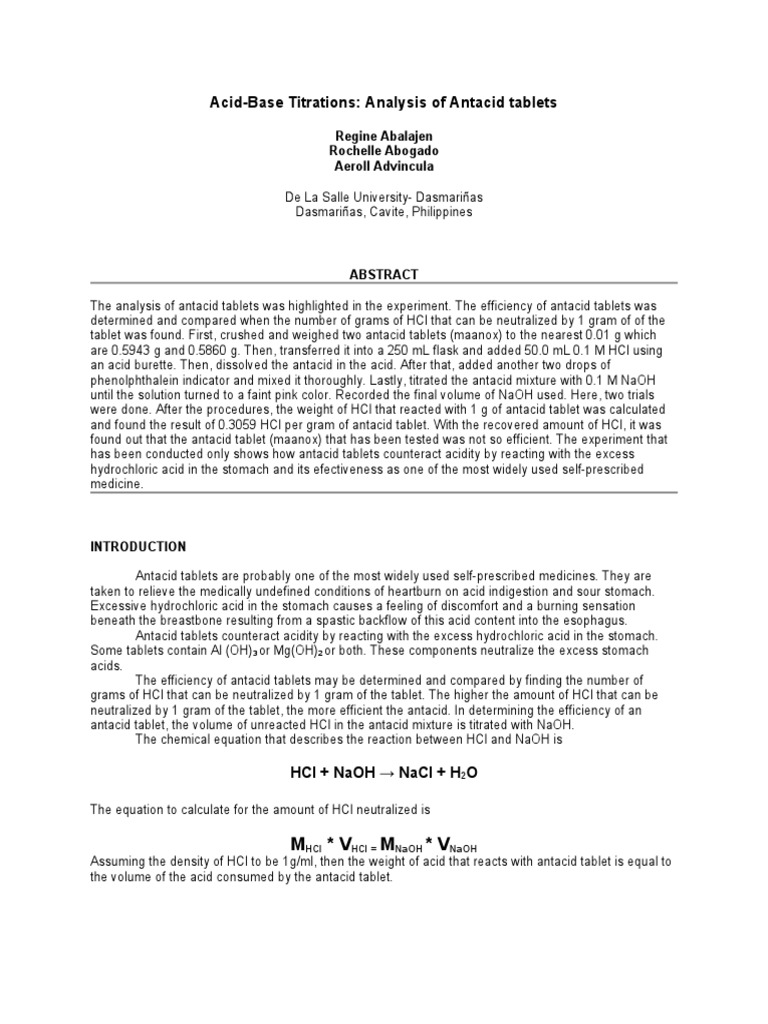 Acid base titrations analysis of antacid tablets essay image