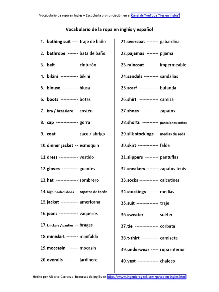 Vocabulario de La Ropa en Inglés y Español Prendas de - Lista de Palabras | PDF