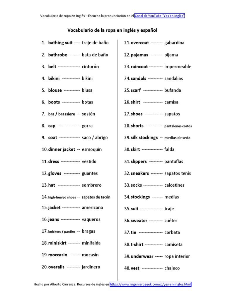 Vocabulario de La Ropa en Inglés y Español - Prendas de Vestir - Lista de  Palabras | PDF