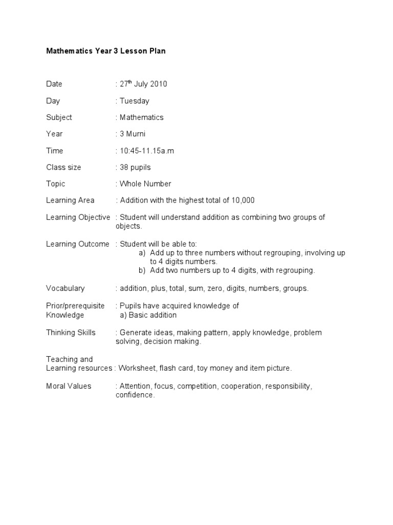 Year 3 Math Lesson on Addition up to 10,000 | PDF | Lesson Plan | Teachers